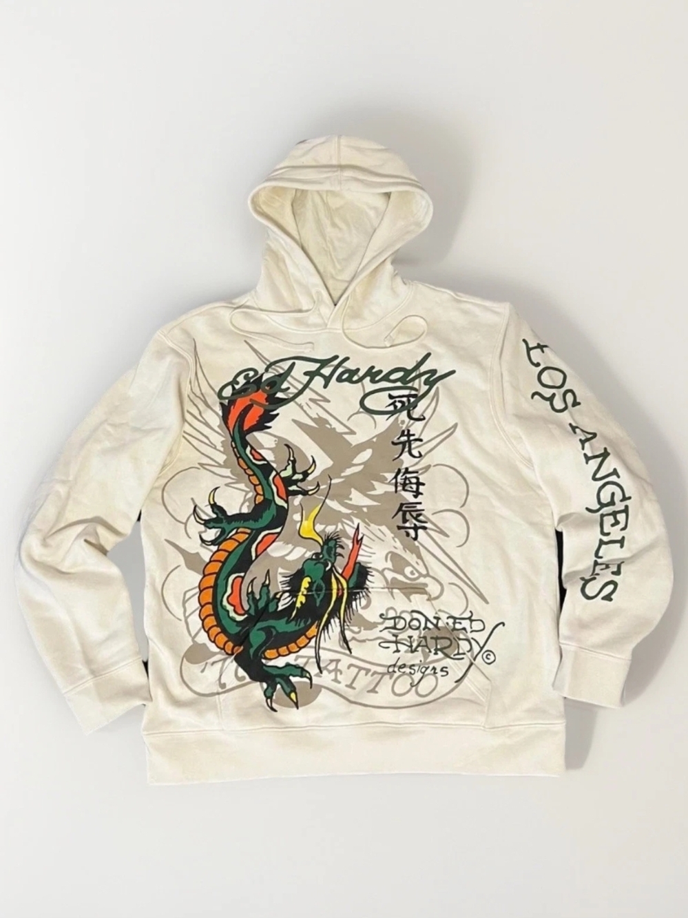 Ed Hardy Cream Hoodie with Multicolor Dragon Graphic